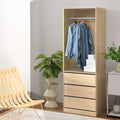 Wardrobe Clothes Closet Storage Organiser with 3 Drawers and Hanging Rail - Pine