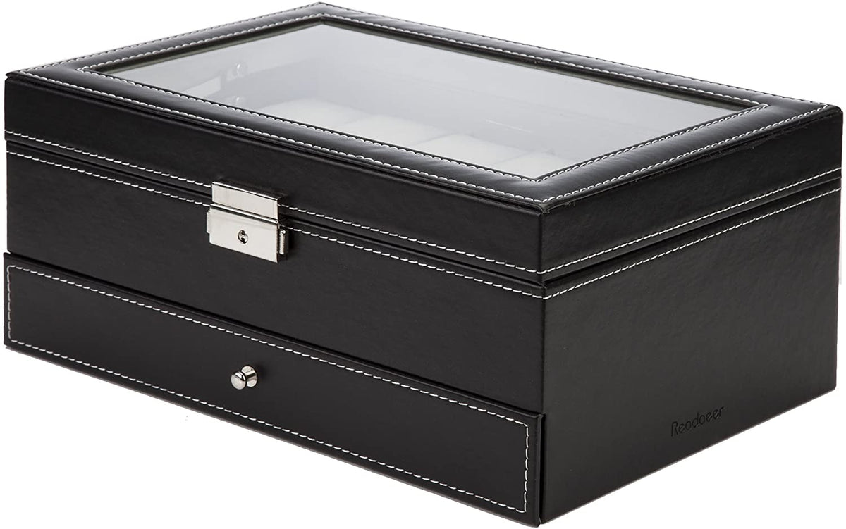 Watch Box with Drawers 12 Slots 2 Layers Jewellery Display Case - Black Leather - Health & Beauty > Cosmetic Storage > Makeup Organisation & Storage - Rivercity House & Home Co. (ABN 18 642 972 209) - Affordable Modern Furniture Australia