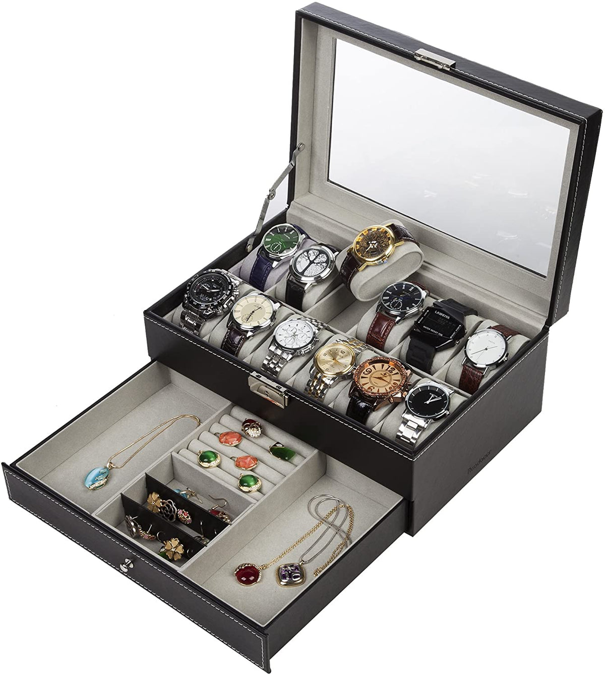 Watch Box with Drawers 12 Slots 2 Layers Jewellery Display Case - Black Leather - Health & Beauty > Cosmetic Storage > Makeup Organisation & Storage - Rivercity House & Home Co. (ABN 18 642 972 209) - Affordable Modern Furniture Australia
