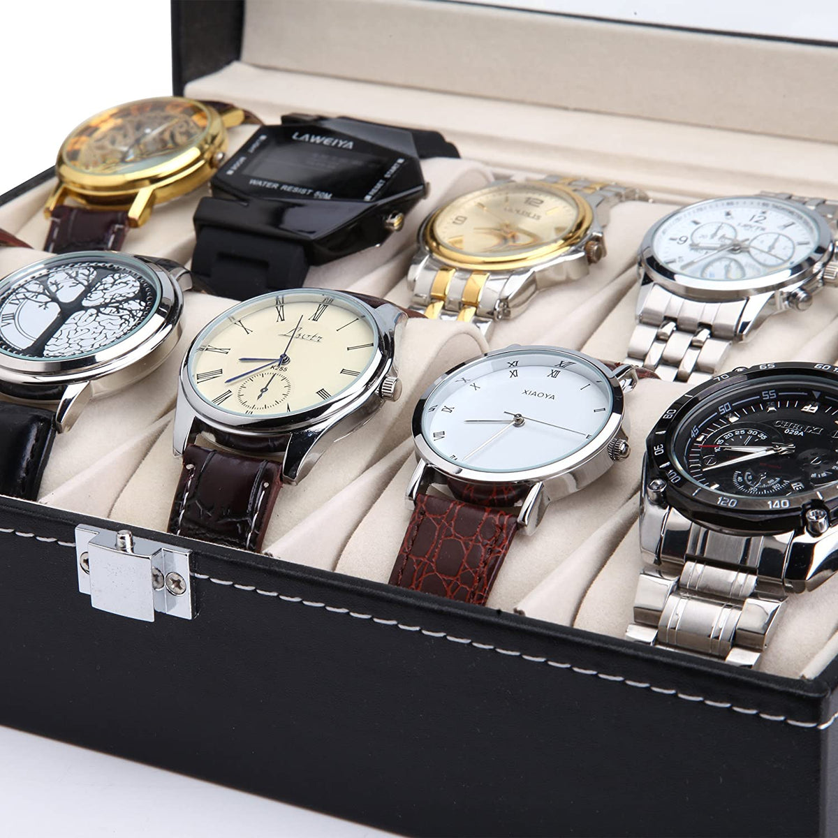 Watch Organizer Display Storage Box with 10 Slots and Glass Lid - Black PU Leather - Home & Garden > Home Office Accessories > Desk Accessories - Rivercity House & Home Co. (ABN 18 642 972 209) - Affordable Modern Furniture Australia
