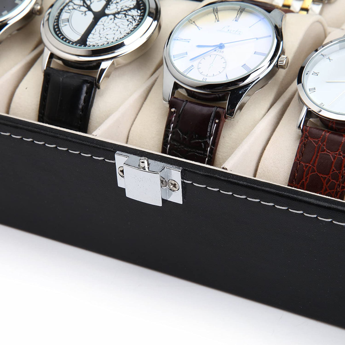 Watch Organizer Display Storage Box with 10 Slots and Glass Lid - Black PU Leather - Home & Garden > Home Office Accessories > Desk Accessories - Rivercity House & Home Co. (ABN 18 642 972 209) - Affordable Modern Furniture Australia