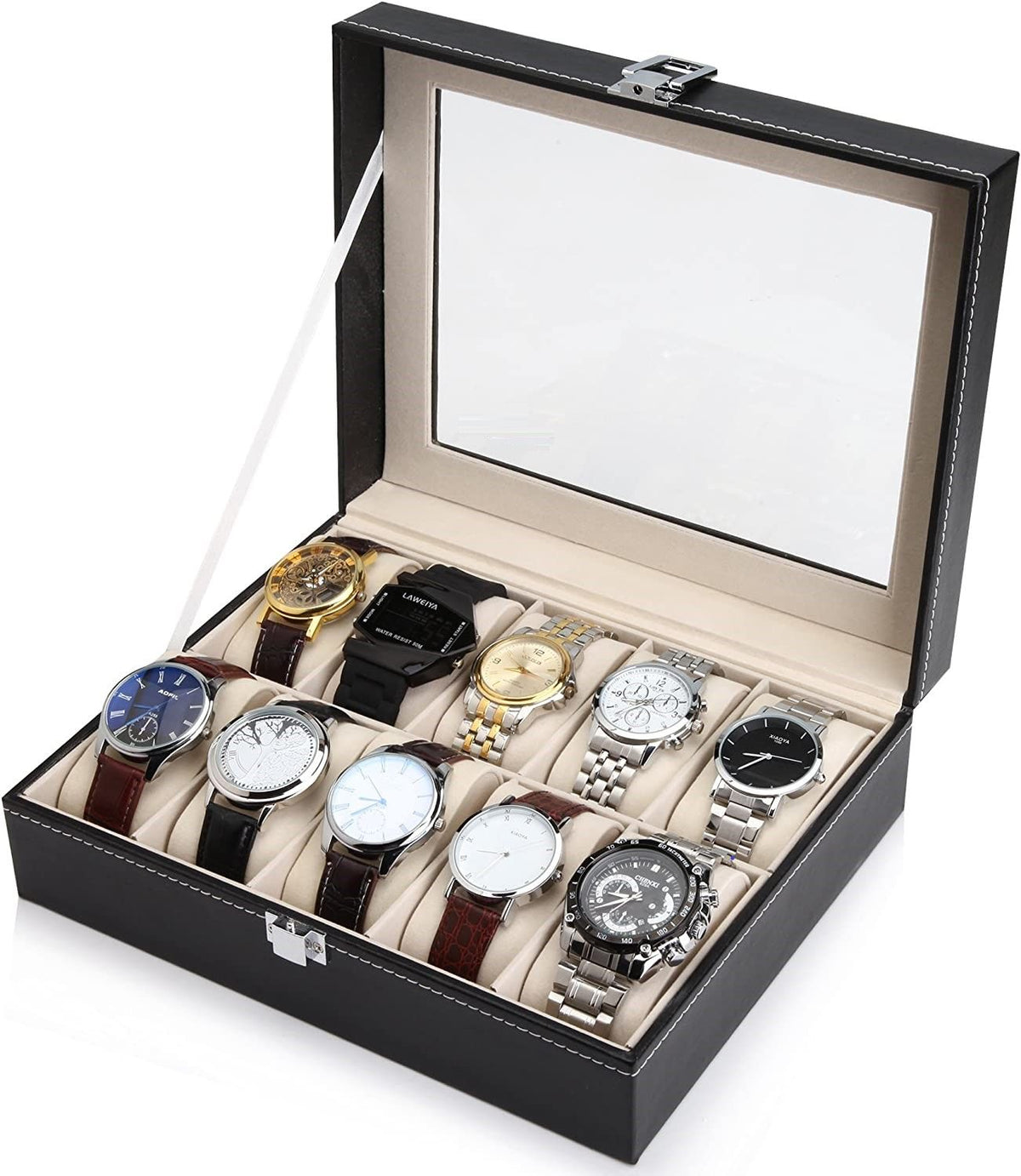Watch Organizer Display Storage Box with 10 Slots and Glass Lid - Black PU Leather - Home & Garden > Home Office Accessories > Desk Accessories - Rivercity House & Home Co. (ABN 18 642 972 209) - Affordable Modern Furniture Australia
