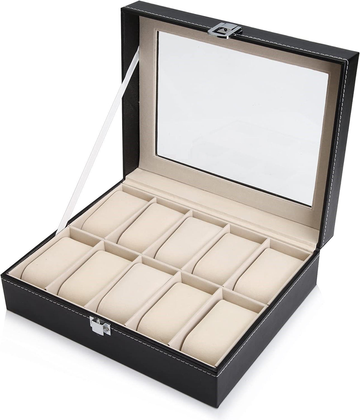 Watch Organizer Display Storage Box with 10 Slots and Glass Lid - Black PU Leather - Home & Garden > Home Office Accessories > Desk Accessories - Rivercity House & Home Co. (ABN 18 642 972 209) - Affordable Modern Furniture Australia