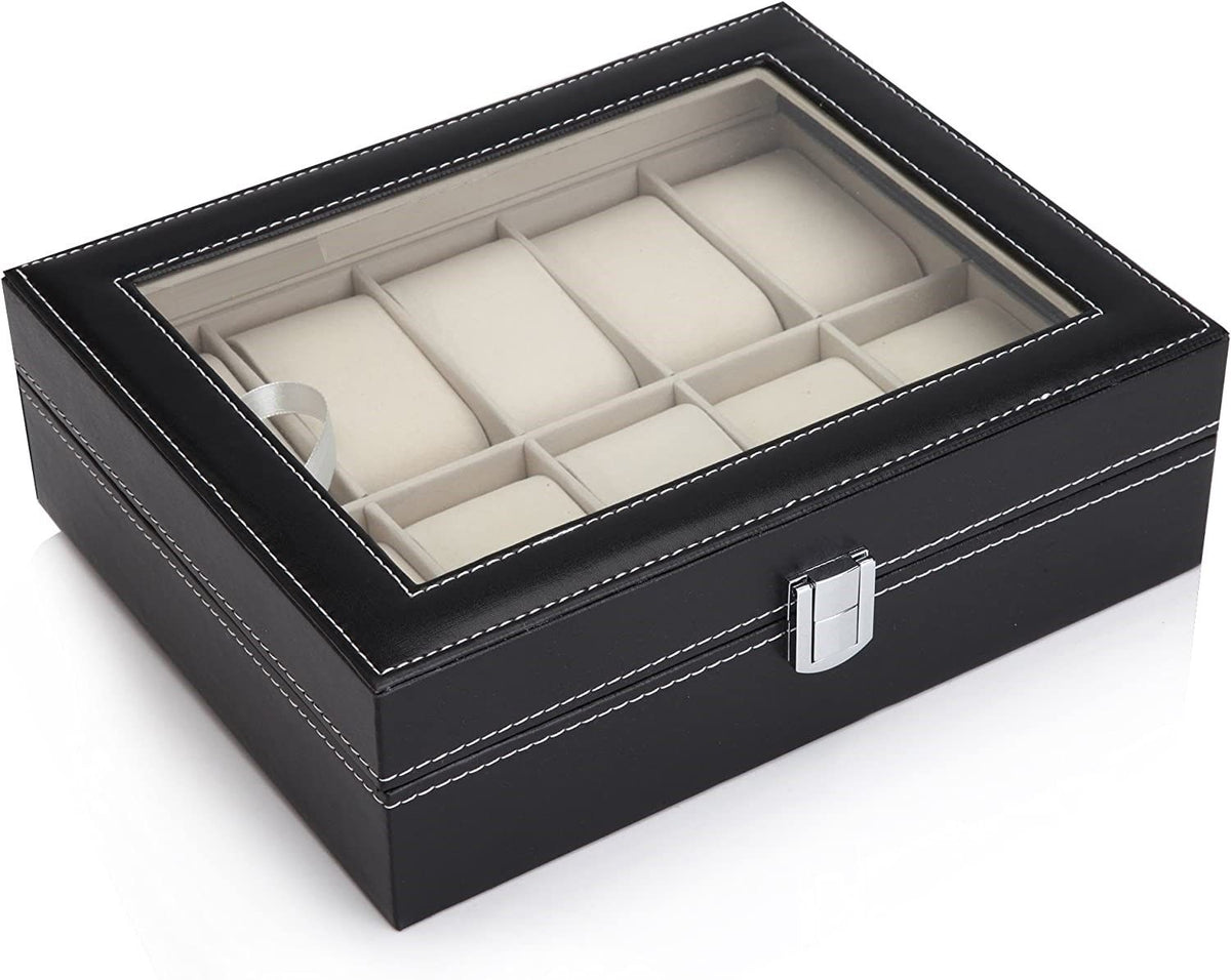 Watch Organizer Display Storage Box with 10 Slots and Glass Lid - Black PU Leather - Home & Garden > Home Office Accessories > Desk Accessories - Rivercity House & Home Co. (ABN 18 642 972 209) - Affordable Modern Furniture Australia