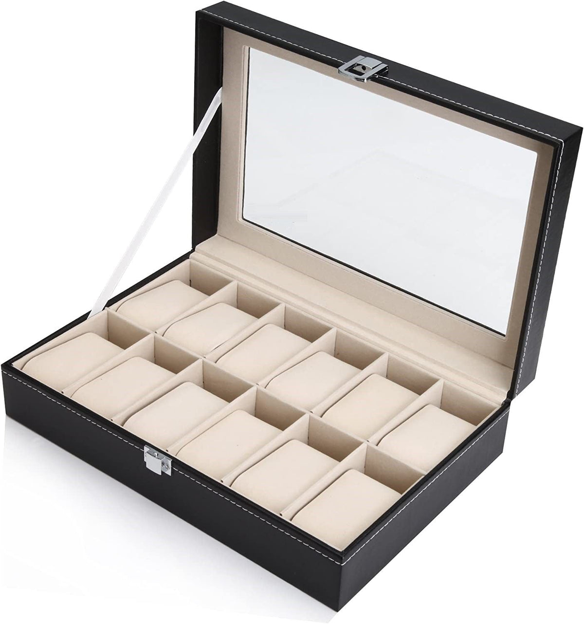 Watch Organizer Display Storage Box with 12 Slots and Glass Lid - Black PU Leather - Home & Garden > Home Office Accessories > Desk Accessories - Rivercity House & Home Co. (ABN 18 642 972 209) - Affordable Modern Furniture Australia