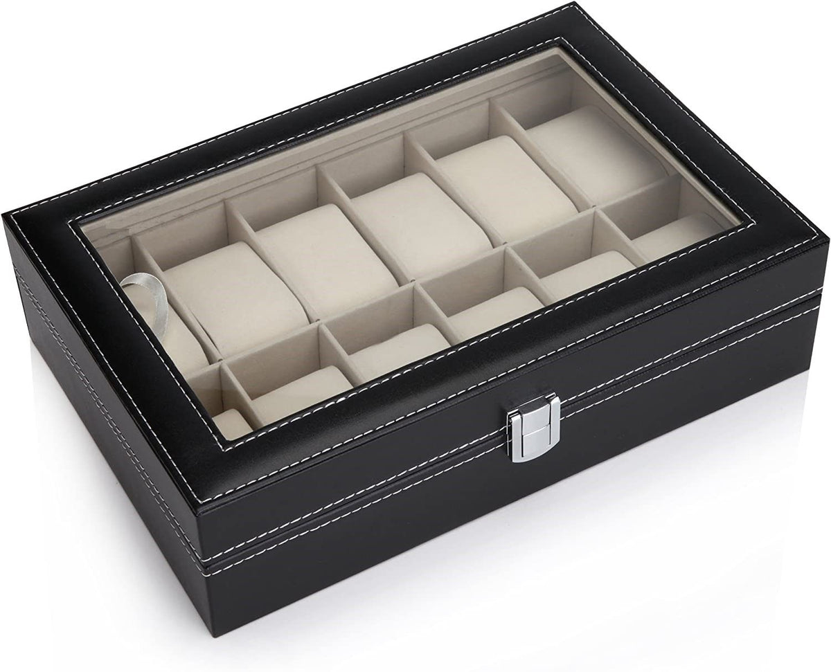 Watch Organizer Display Storage Box with 12 Slots and Glass Lid - Black PU Leather - Home & Garden > Home Office Accessories > Desk Accessories - Rivercity House & Home Co. (ABN 18 642 972 209) - Affordable Modern Furniture Australia