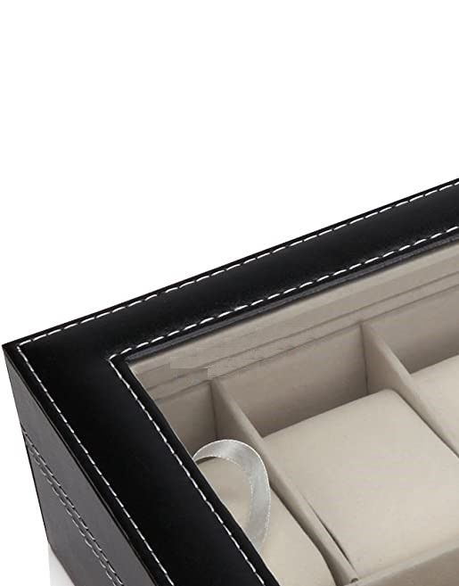Watch Organizer Display Storage Box with 12 Slots and Glass Lid - Black PU Leather - Home & Garden > Home Office Accessories > Desk Accessories - Rivercity House & Home Co. (ABN 18 642 972 209) - Affordable Modern Furniture Australia