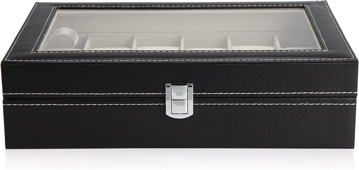Watch Organizer Display Storage Box with 12 Slots and Glass Lid - Black PU Leather - Home & Garden > Home Office Accessories > Desk Accessories - Rivercity House & Home Co. (ABN 18 642 972 209) - Affordable Modern Furniture Australia