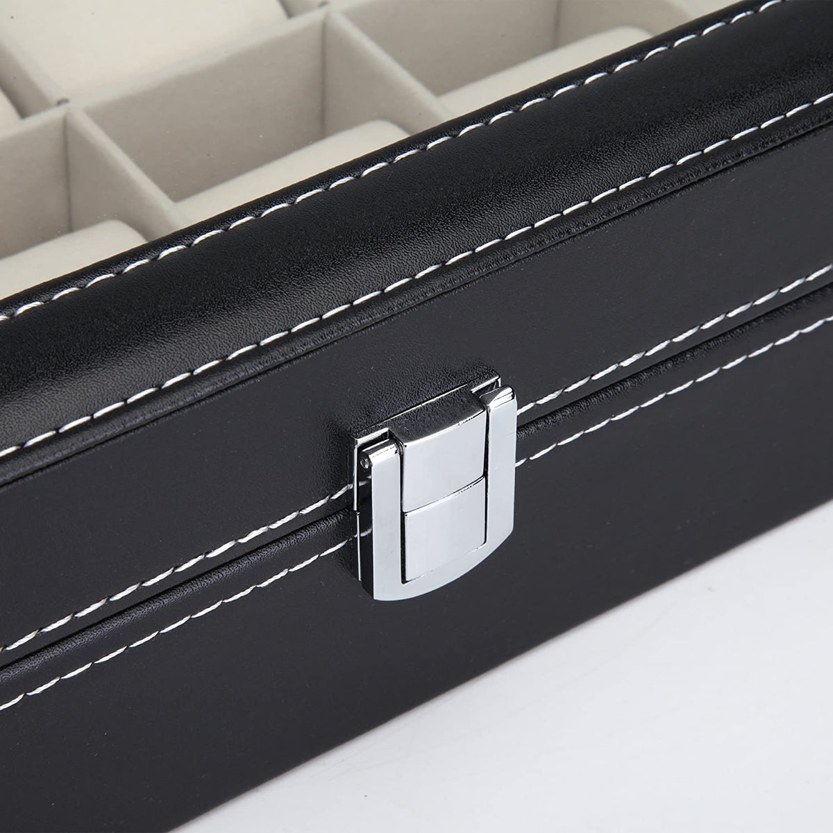 Watch Organizer Display Storage Box with 12 Slots and Glass Lid - Black PU Leather - Home & Garden > Home Office Accessories > Desk Accessories - Rivercity House & Home Co. (ABN 18 642 972 209) - Affordable Modern Furniture Australia