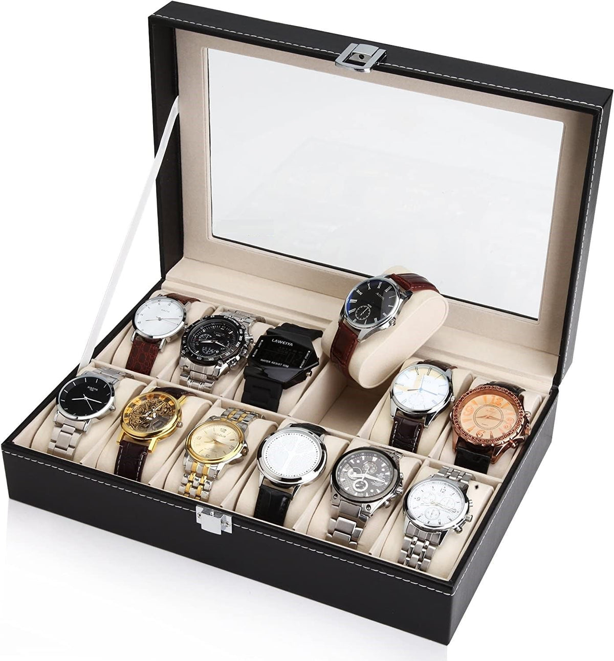 Watch Organizer Display Storage Box with 12 Slots and Glass Lid - Black PU Leather - Home & Garden > Home Office Accessories > Desk Accessories - Rivercity House & Home Co. (ABN 18 642 972 209) - Affordable Modern Furniture Australia