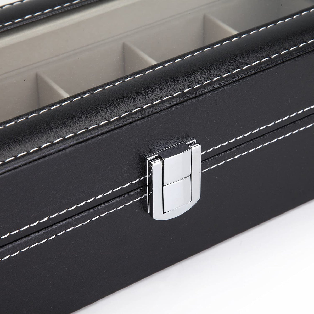 Watch Organizer Display Storage Box with 6 Slots and Glass Lid - Black PU Leather - Home & Garden > Home Office Accessories > Desk Accessories - Rivercity House & Home Co. (ABN 18 642 972 209) - Affordable Modern Furniture Australia