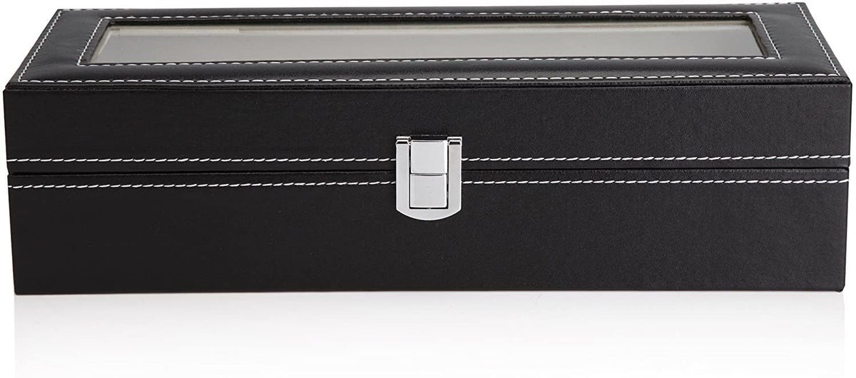 Watch Organizer Display Storage Box with 6 Slots and Glass Lid - Black PU Leather - Home & Garden > Home Office Accessories > Desk Accessories - Rivercity House & Home Co. (ABN 18 642 972 209) - Affordable Modern Furniture Australia