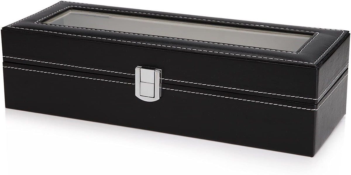 Watch Organizer Display Storage Box with 6 Slots and Glass Lid - Black PU Leather - Home & Garden > Home Office Accessories > Desk Accessories - Rivercity House & Home Co. (ABN 18 642 972 209) - Affordable Modern Furniture Australia
