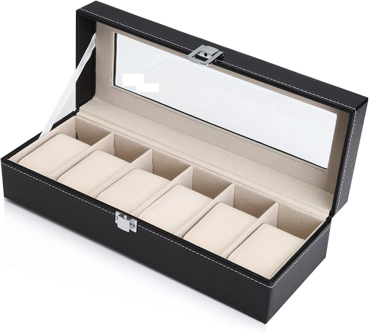 Watch Organizer Display Storage Box with 6 Slots and Glass Lid - Black PU Leather - Home & Garden > Home Office Accessories > Desk Accessories - Rivercity House & Home Co. (ABN 18 642 972 209) - Affordable Modern Furniture Australia