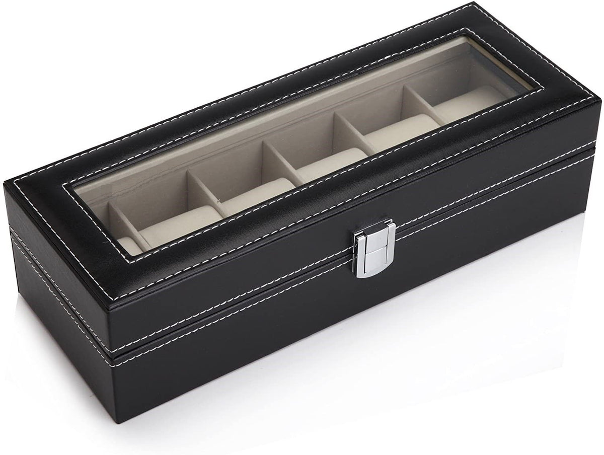 Watch Organizer Display Storage Box with 6 Slots and Glass Lid - Black PU Leather - Home & Garden > Home Office Accessories > Desk Accessories - Rivercity House & Home Co. (ABN 18 642 972 209) - Affordable Modern Furniture Australia