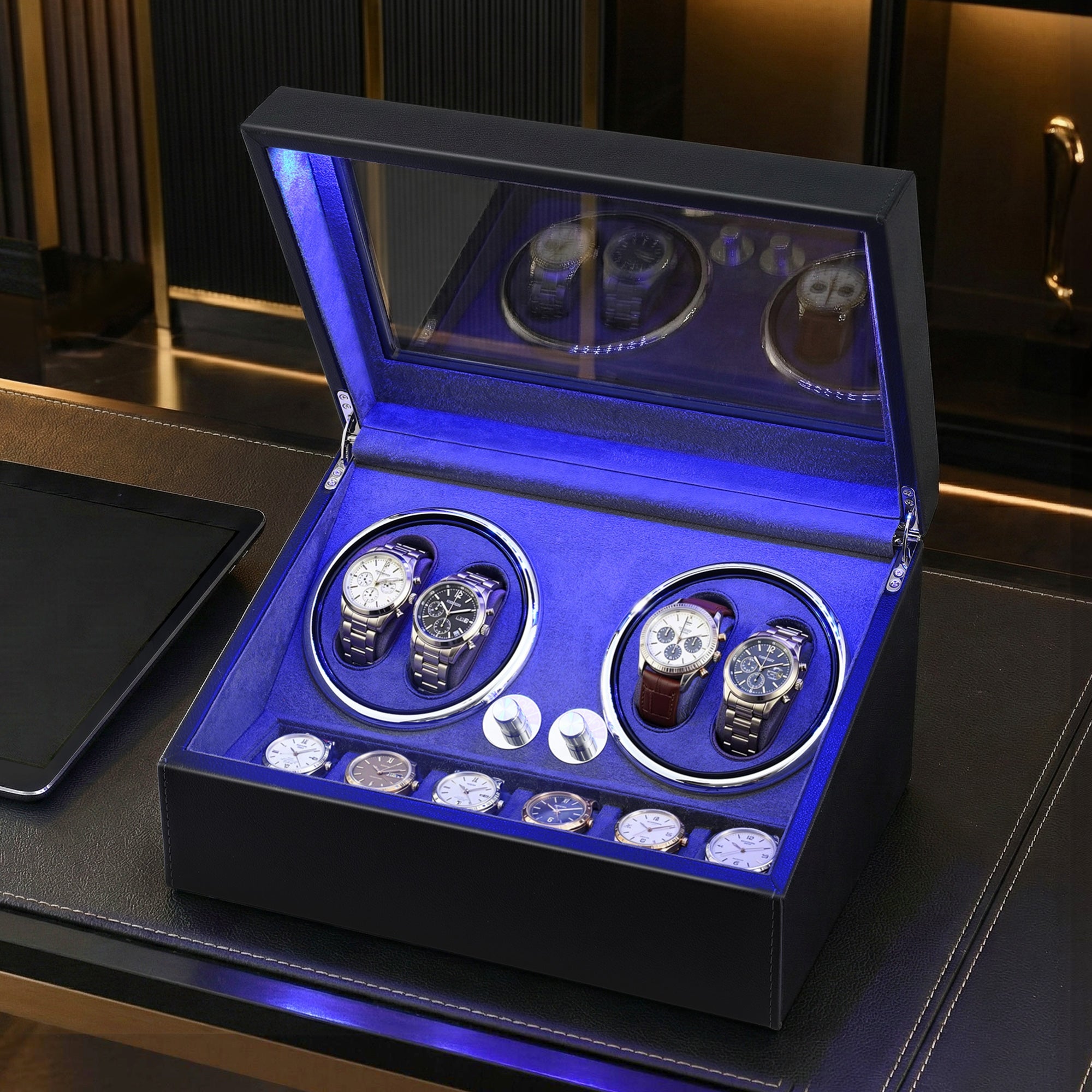 Watch Winder Automatic Double Watch Winder Box LED Black - Fashion > Men's Fashion > Men's Jewellery - Rivercity House & Home Co. (ABN 18 642 972 209) - Affordable Modern Furniture Australia