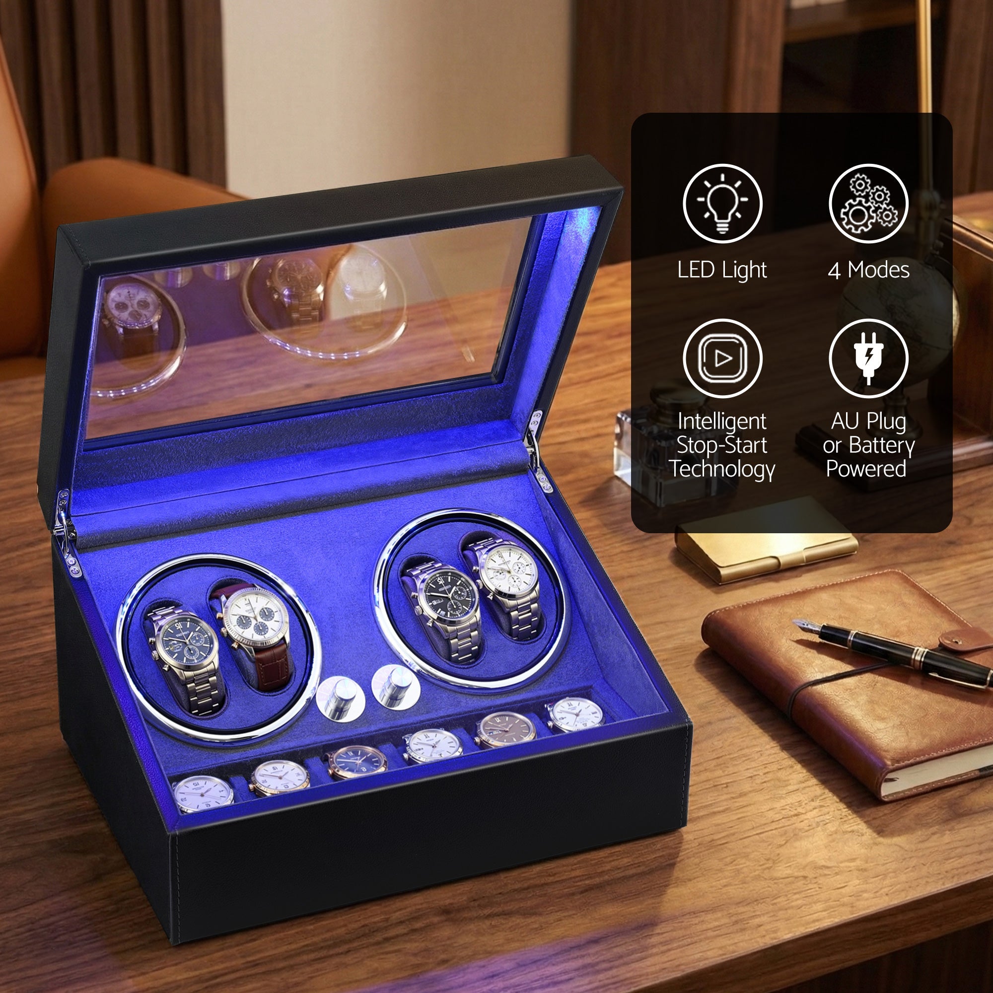 Watch Winder Automatic Double Watch Winder Box LED Black - Fashion > Men's Fashion > Men's Jewellery - Rivercity House & Home Co. (ABN 18 642 972 209) - Affordable Modern Furniture Australia