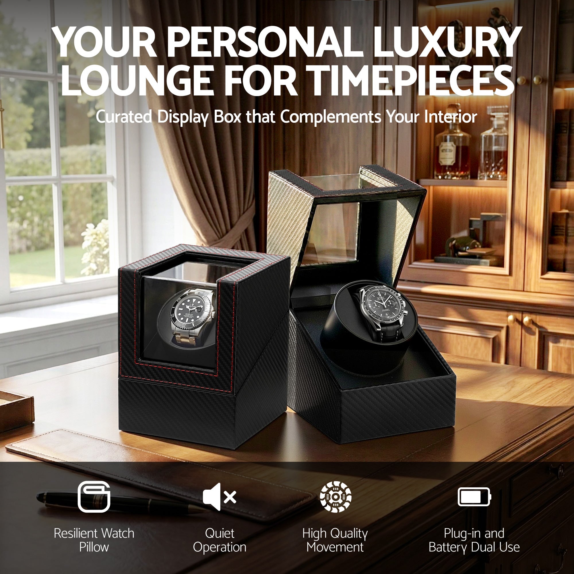 Watch Winder Box Automatic Single Quiet Carbon Fibre Black - Fashion > Men's Fashion > Men's Accessories - Rivercity House & Home Co. (ABN 18 642 972 209) - Affordable Modern Furniture Australia