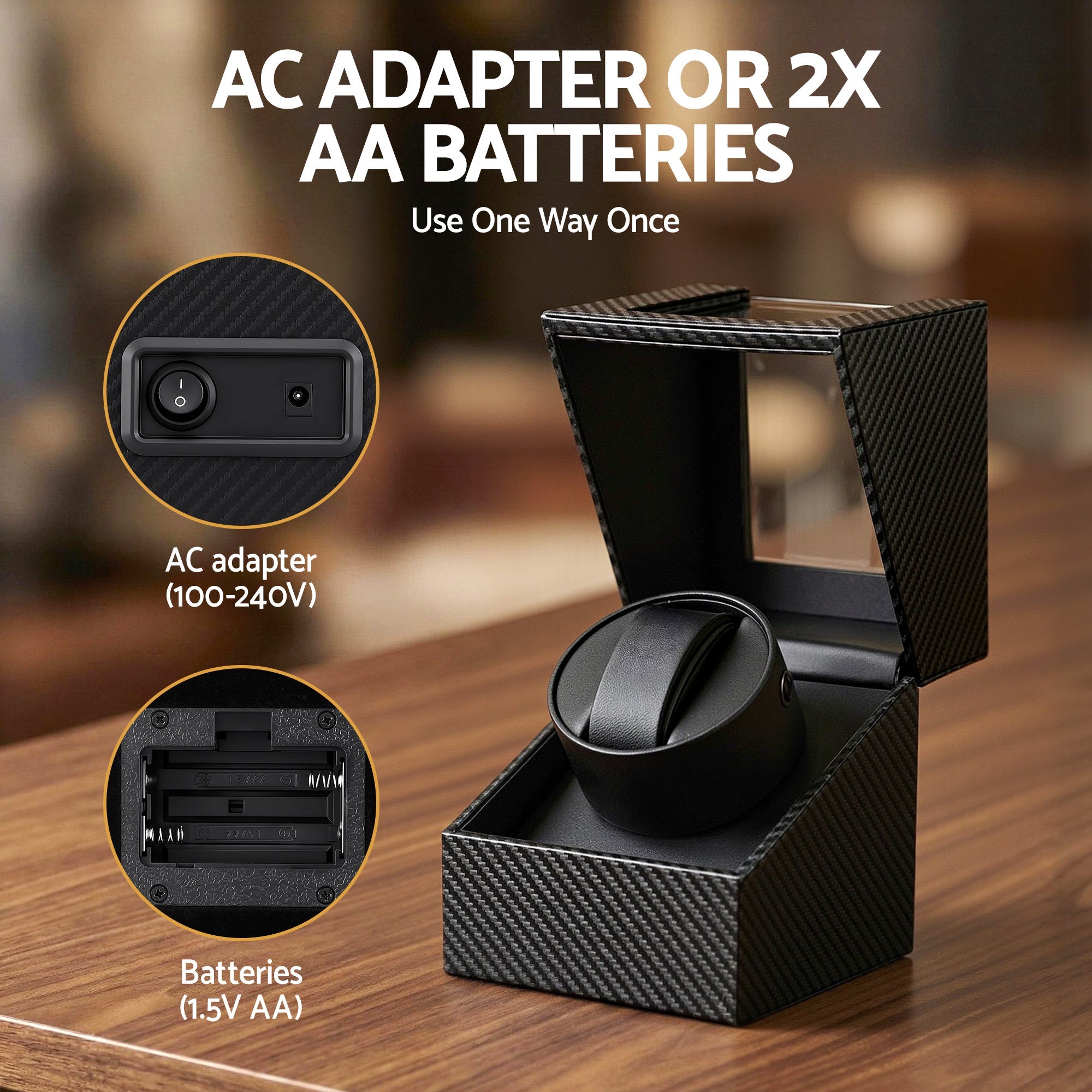 Watch Winder Box Automatic Single Quiet Carbon Fibre Black - Fashion > Men's Fashion > Men's Accessories - Rivercity House & Home Co. (ABN 18 642 972 209) - Affordable Modern Furniture Australia
