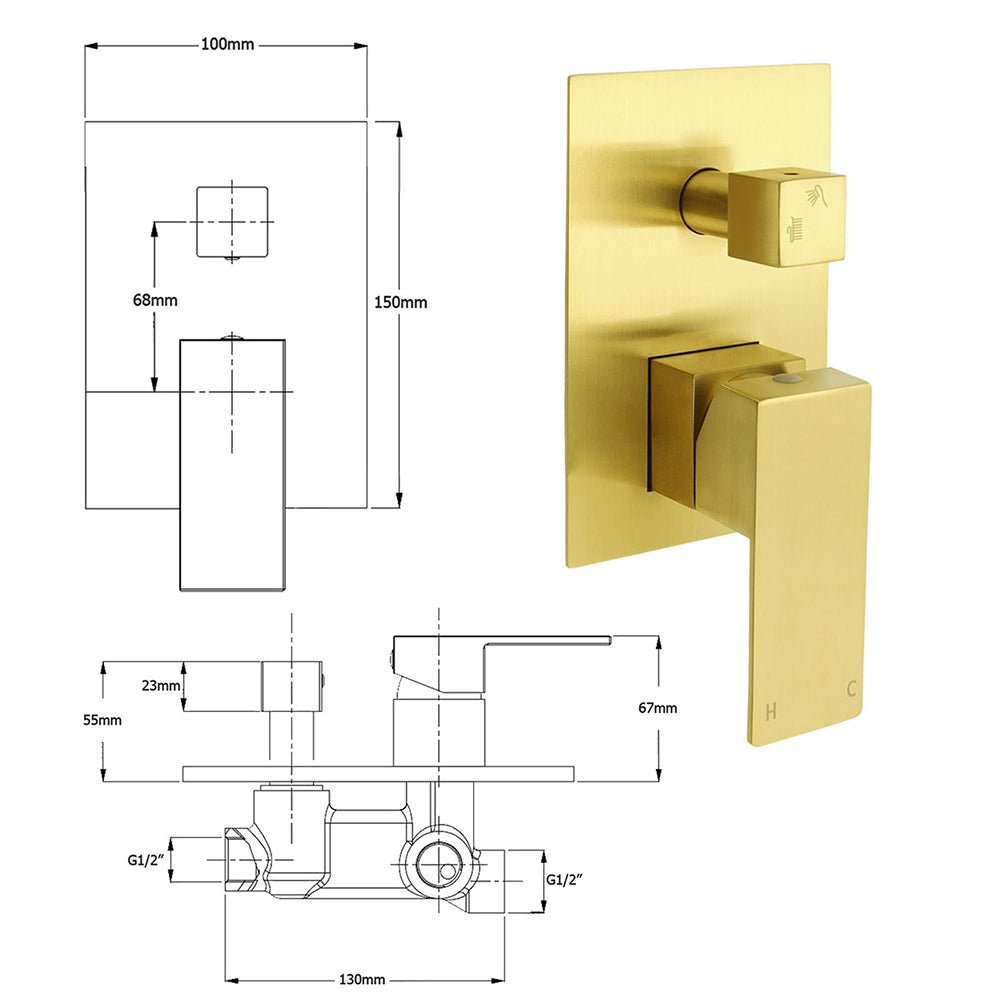 Watermark 1/2 Inch Shower Mixer Diverter Brushed Gold Square Stainless Steel Set - Furniture > Bathroom > Shower Heads & Screens - Rivercity House & Home Co. (ABN 18 642 972 209) - Affordable Modern Furniture Australia