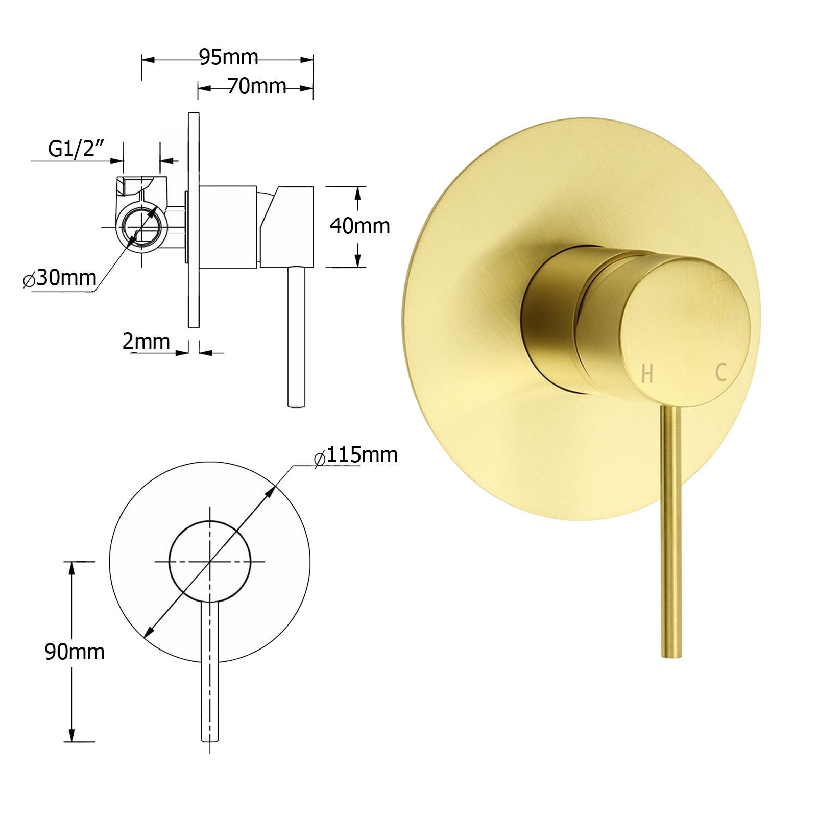 Watermark Brushed Gold Round Bathroom Shower Hot Cold Mixer Ceramic Cartridge OZ - Furniture > Bathroom > Shower Heads & Screens - Rivercity House & Home Co. (ABN 18 642 972 209) - Affordable Modern Furniture Australia