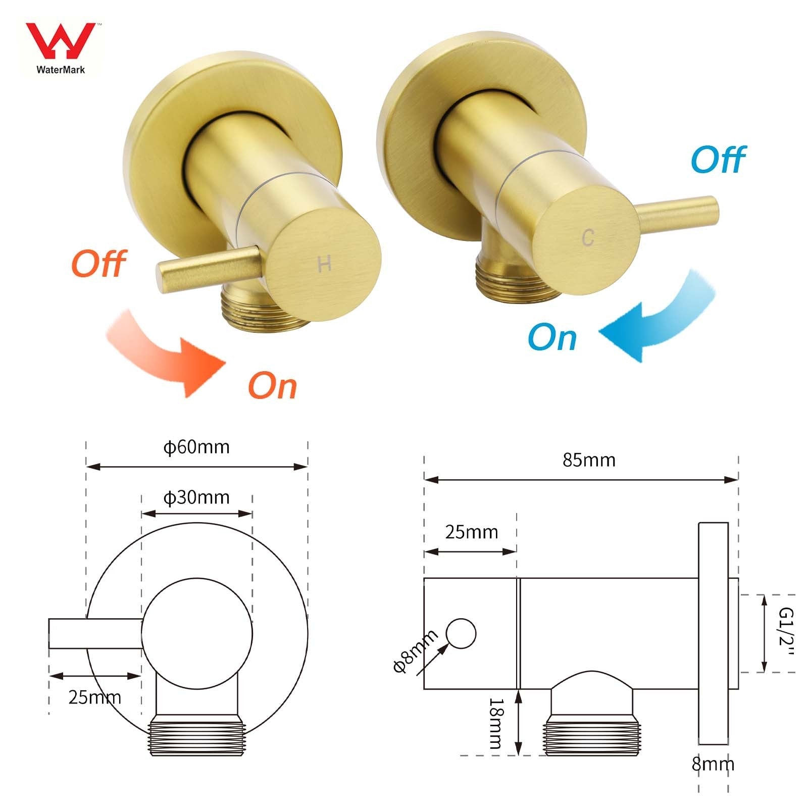 Watermark Brushed Gold Round Washing Machine 1/4 Turn Hot Cold Twin Taps Set - Furniture > Bathroom > Shower Heads & Screens - Rivercity House & Home Co. (ABN 18 642 972 209) - Affordable Modern Furniture Australia