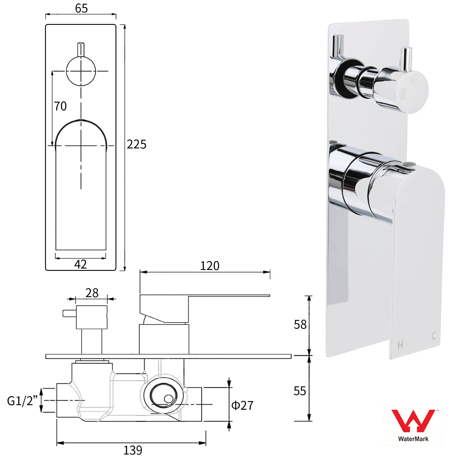 Watermark Chrome Square Shower Mixer Diverter Tap Valve For Shower Combo Spout - Furniture > Bathroom > Shower Heads & Screens - Rivercity House & Home Co. (ABN 18 642 972 209) - Affordable Modern Furniture Australia