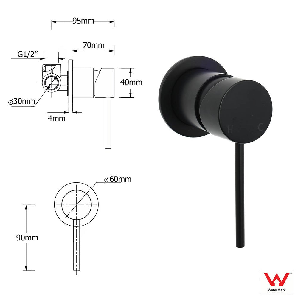 Watermark Matt Black Round Bath Shower Mixer Valve Hot Cold Water Tap Small Face - Furniture > Bathroom > Shower Heads & Screens - Rivercity House & Home Co. (ABN 18 642 972 209) - Affordable Modern Furniture Australia