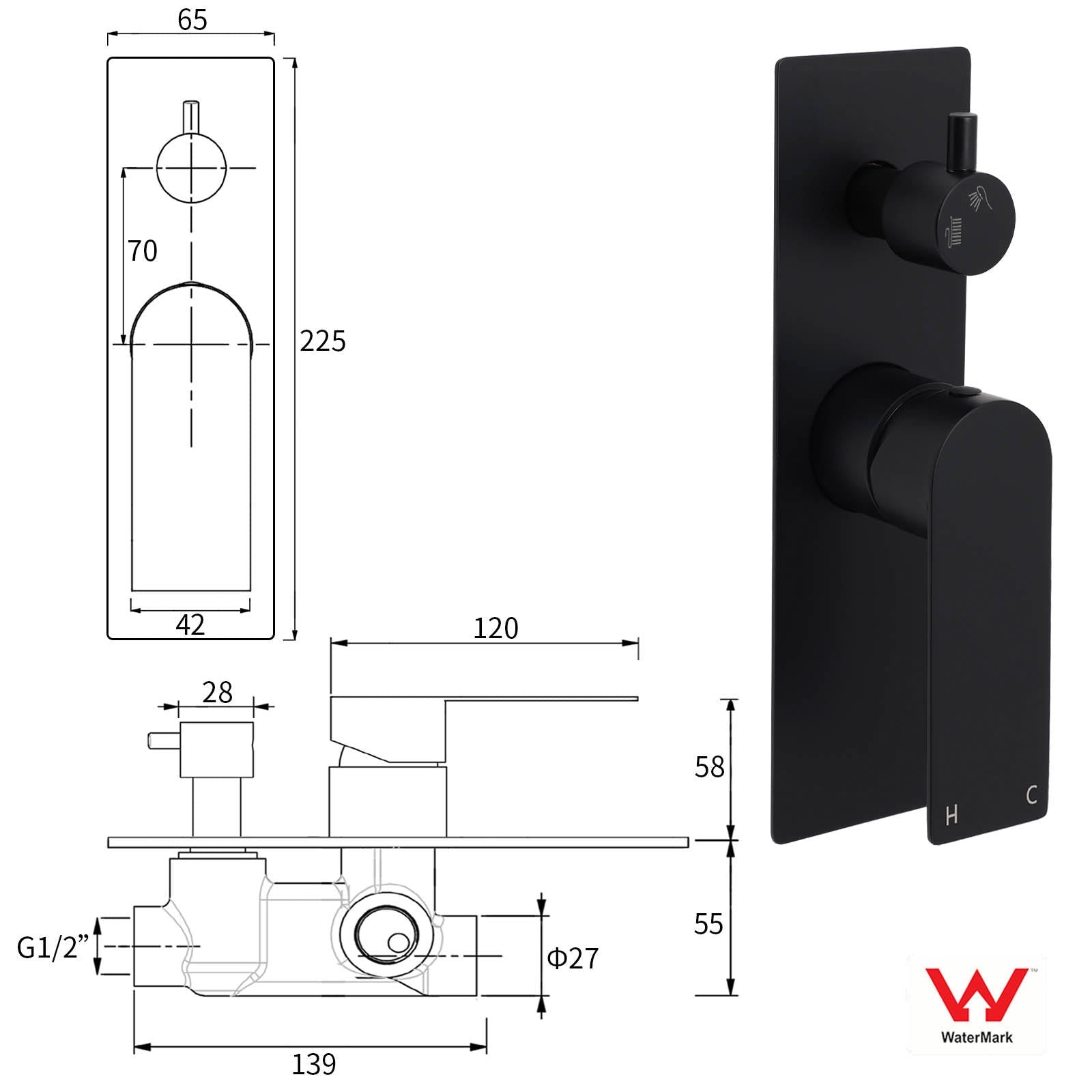 Watermark Matt Black Square Bathroom Shower Mixer 2 - Way Control Switch Diverter - Furniture > Bathroom > Shower Heads & Screens - Rivercity House & Home Co. (ABN 18 642 972 209) - Affordable Modern Furniture Australia