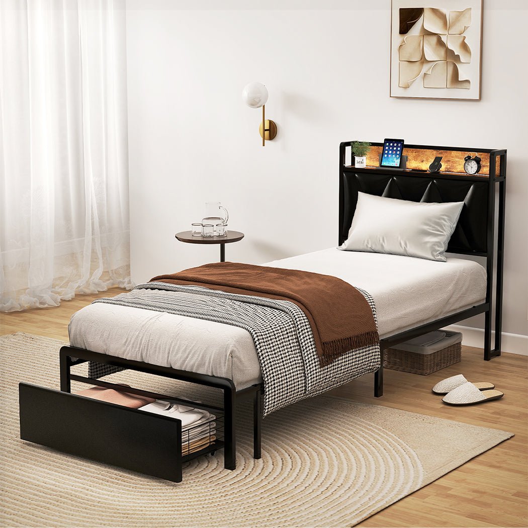 Waverton Single Storage Bed with LED Headboard – Black - Rivercity House & Home Co. (ABN 18 642 972 209) - Affordable Modern Furniture Australia