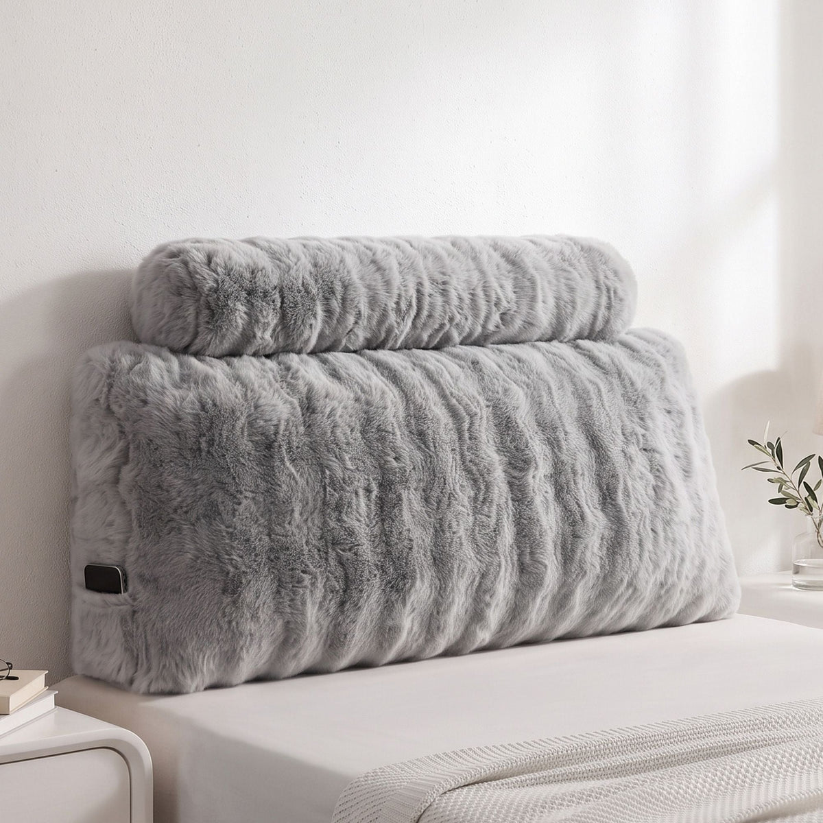 Wedge Pillow Headboard King Single with Dual Pockets and Faux Rabbit Fur Cover - Home & Garden > Bedding > Pillows - Rivercity House & Home Co. (ABN 18 642 972 209) - Affordable Modern Furniture Australia