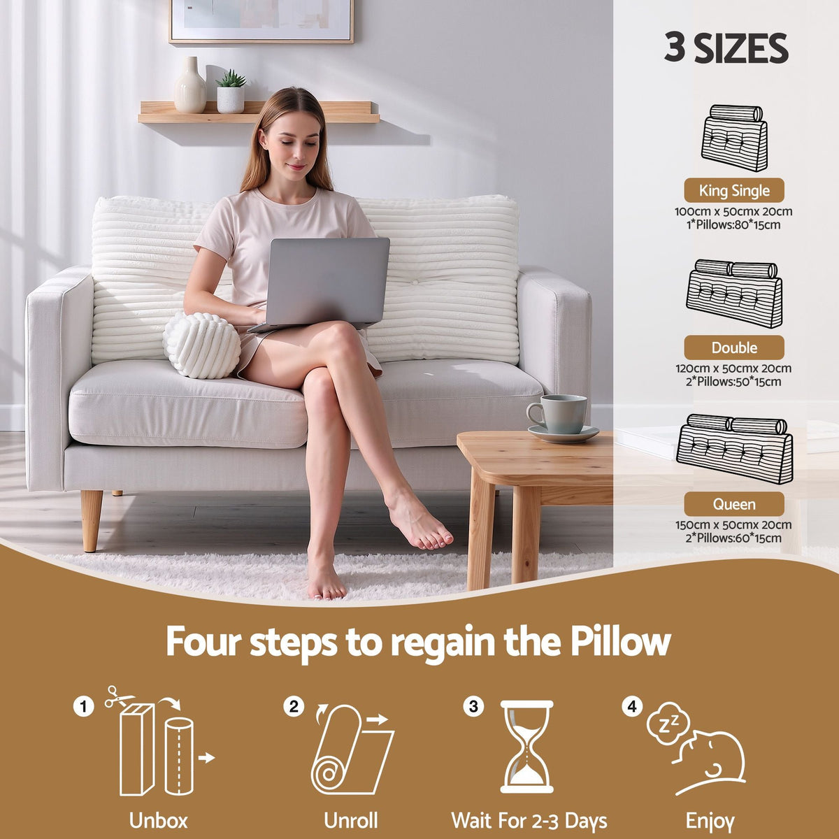 Wedge Pillow Headboard King Single with Non-Flattening Shredded Foam Core and Side Pockets - Home & Garden > Bedding > Pillows - Rivercity House & Home Co. (ABN 18 642 972 209) - Affordable Modern Furniture Australia
