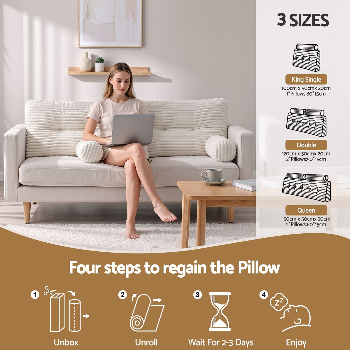 Wedge Pillow Headboard with Shredded Foam Core, Side Pockets, Queen Size - Home & Garden > Bedding > Pillows - Rivercity House & Home Co. (ABN 18 642 972 209) - Affordable Modern Furniture Australia