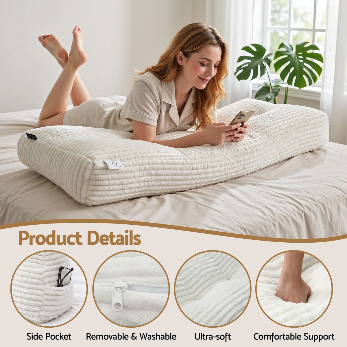 Wedge Pillow Headboard with Shredded Foam Core, Side Pockets, Queen Size - Home & Garden > Bedding > Pillows - Rivercity House & Home Co. (ABN 18 642 972 209) - Affordable Modern Furniture Australia