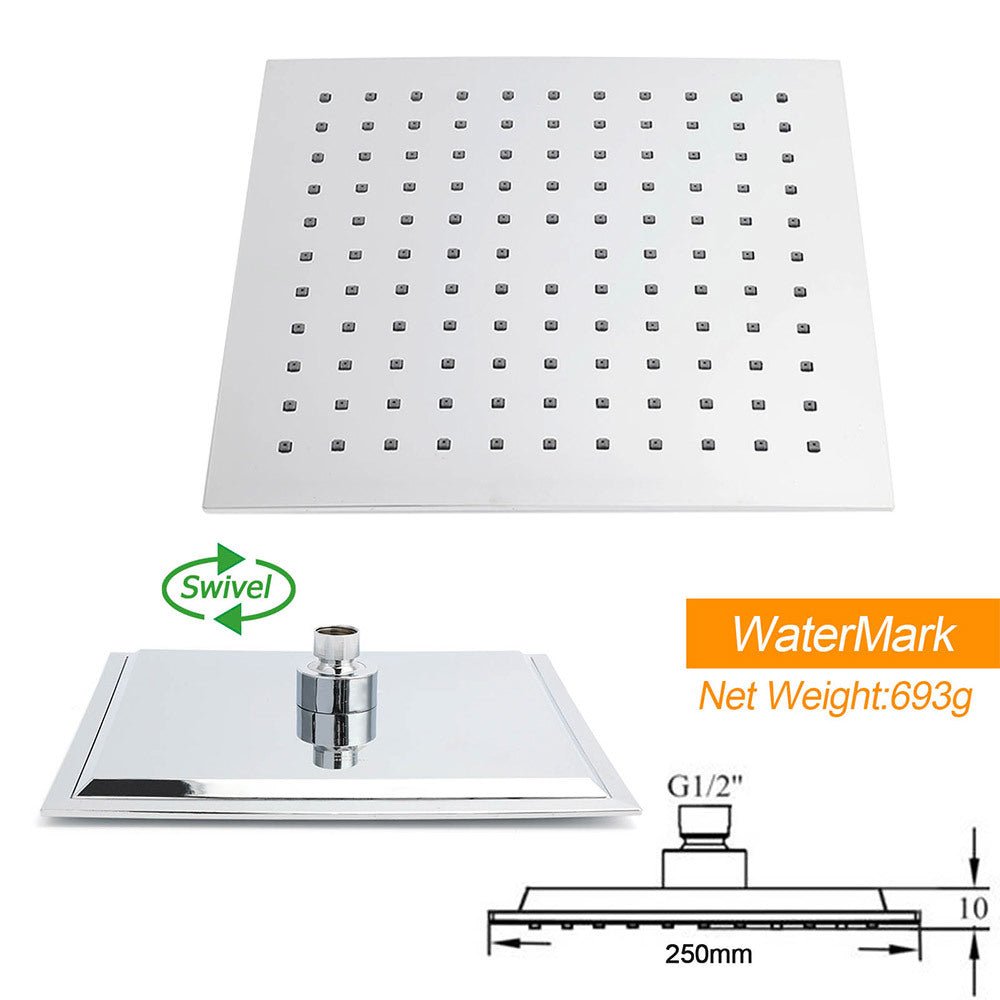 WELS 10" 7.5L/m Chrome Square Rain Shower Head Brass Gooseneck Wall Arm Set - Furniture > Bathroom > Shower Heads & Screens - Rivercity House & Home Co. (ABN 18 642 972 209) - Affordable Modern Furniture Australia