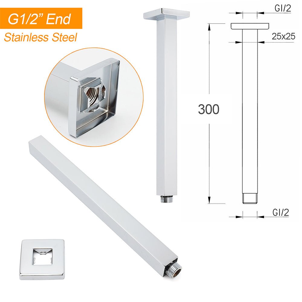 WELS 16" Rainfall Shower Head 300mm Ceiling Dropper Extension Arm Chrome Square Set - Furniture > Bathroom > Shower Heads & Screens - Rivercity House & Home Co. (ABN 18 642 972 209) - Affordable Modern Furniture Australia
