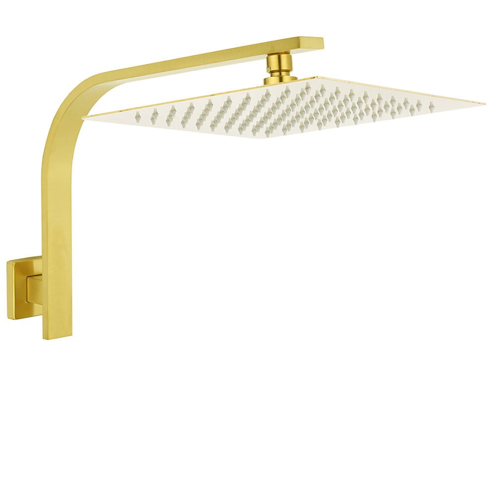 WELS Brushed Gold 12" Square SUS Shower Head + Brass Gooseneck Wall Arm Set - Furniture > Bathroom > Shower Heads & Screens - Rivercity House & Home Co. (ABN 18 642 972 209) - Affordable Modern Furniture Australia