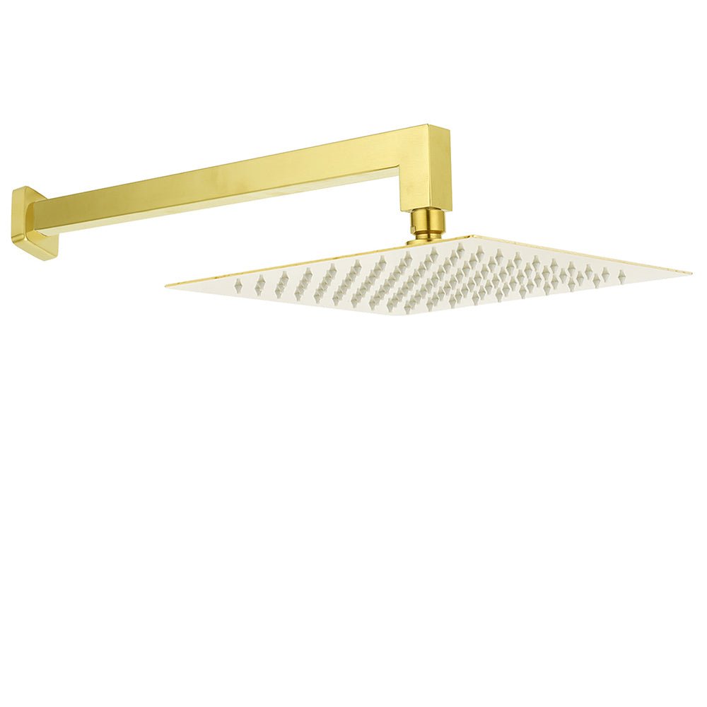 WELS Brushed Gold 12" Square Thin Rain Shower Head 400mm Straight Wall Arm Set - Furniture > Bathroom > Shower Heads & Screens - Rivercity House & Home Co. (ABN 18 642 972 209) - Affordable Modern Furniture Australia