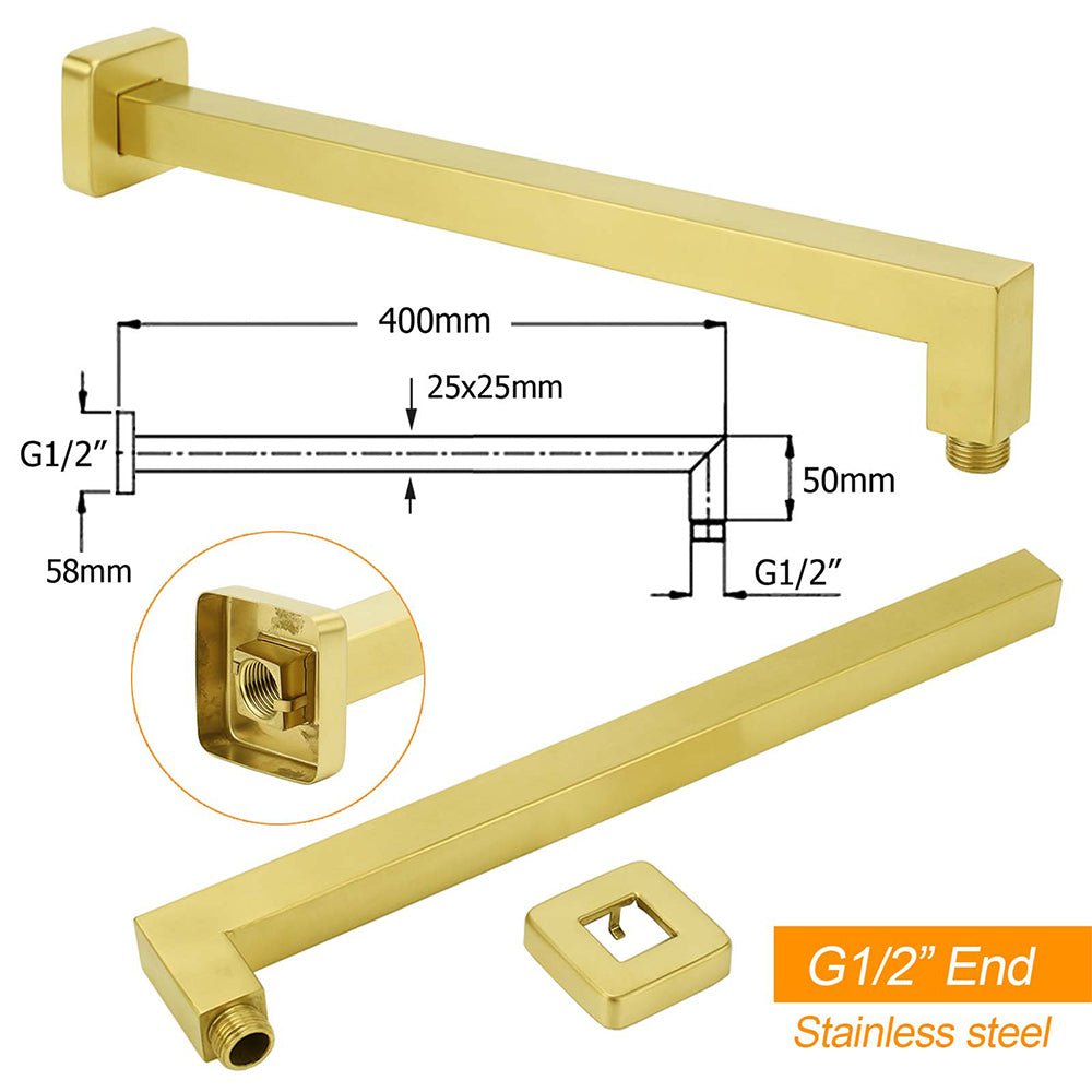 WELS Brushed Gold 12" Square Thin Rain Shower Head 400mm Straight Wall Arm Set - Furniture > Bathroom > Shower Heads & Screens - Rivercity House & Home Co. (ABN 18 642 972 209) - Affordable Modern Furniture Australia