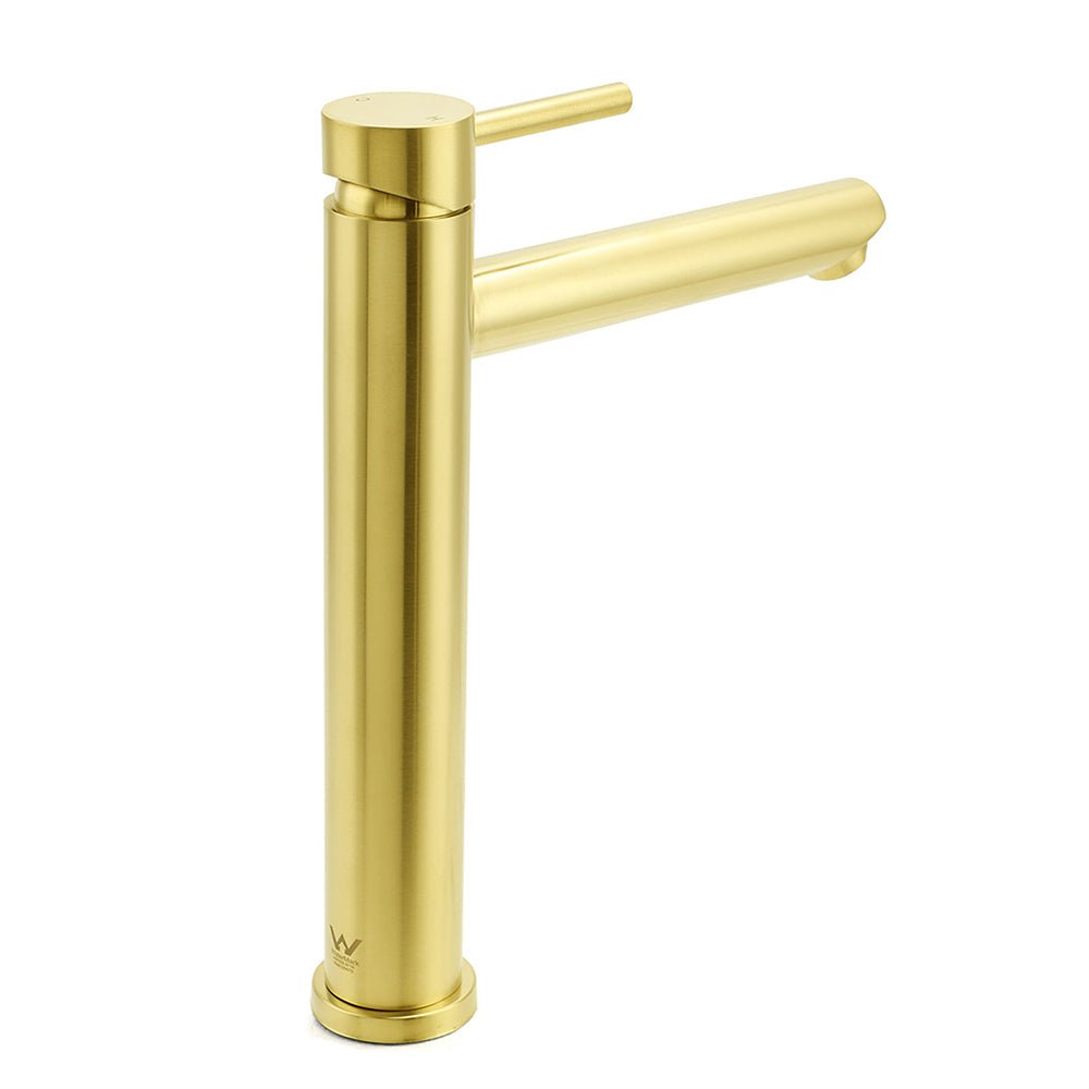 WELS Brushed Gold Laundry Round Tall Basin Mixer Vanity Sink Faucet Tap 304 SUS - Furniture > Bathroom > Shower Heads & Screens - Rivercity House & Home Co. (ABN 18 642 972 209) - Affordable Modern Furniture Australia