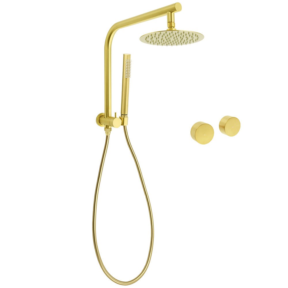 WELS Brushed Gold Round 2in1 Shower Head Set Ergonomic Handheld Gooseneck Arm Twin Taps - Furniture > Bathroom > Shower Heads & Screens - Rivercity House & Home Co. (ABN 18 642 972 209) - Affordable Modern Furniture Australia