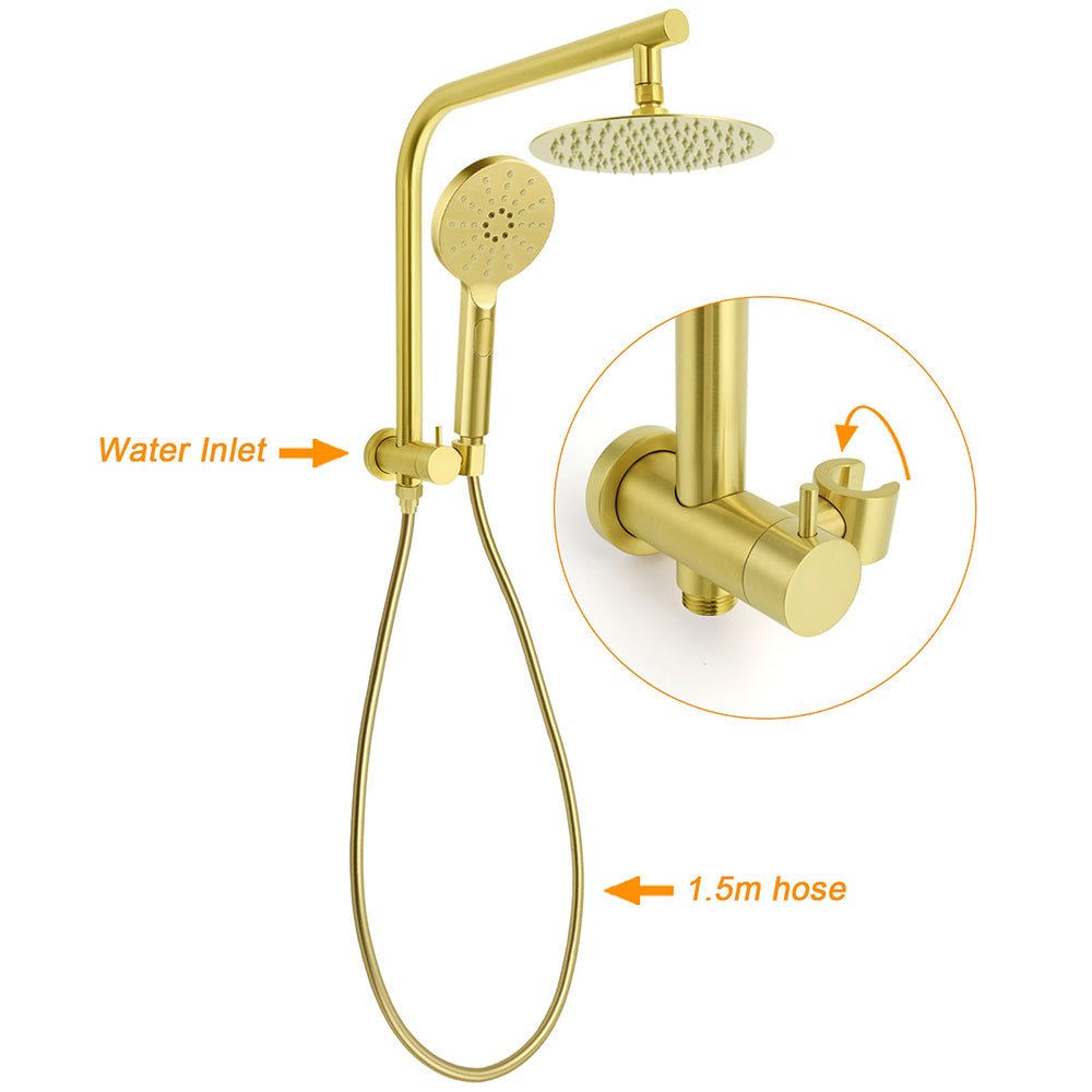 WELS Brushed Gold Round Dual Shower Head Set Simple Hold Handheld Gooseneck Arm Twin Taps - Furniture > Bathroom > Shower Heads & Screens - Rivercity House & Home Co. (ABN 18 642 972 209) - Affordable Modern Furniture Australia