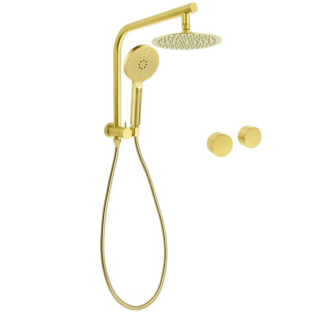 WELS Brushed Gold Round Dual Shower Head Set Simple Hold Handheld Gooseneck Arm Twin Taps - Furniture > Bathroom > Shower Heads & Screens - Rivercity House & Home Co. (ABN 18 642 972 209) - Affordable Modern Furniture Australia