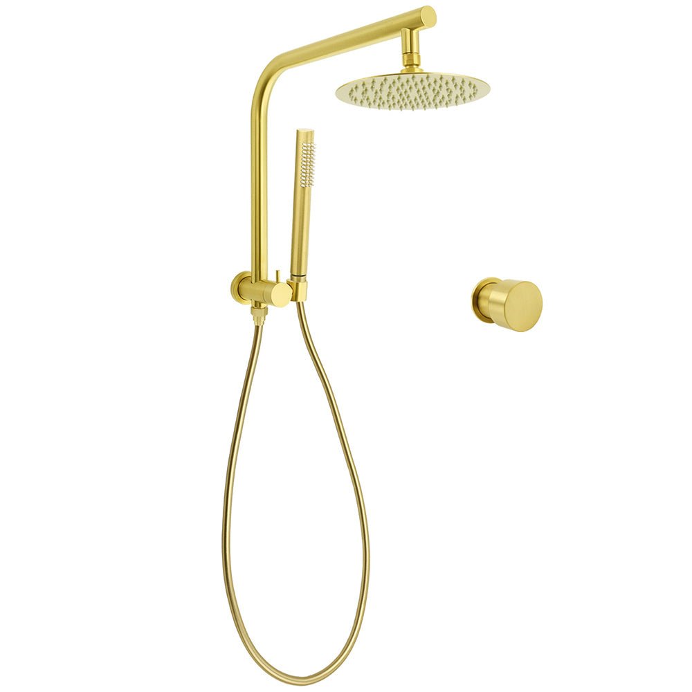 WELS Brushed Gold Round Dual Shower Head Set Single Mode Handheld Gooseneck Arm Wall Mixer - Furniture > Bathroom > Shower Heads & Screens - Rivercity House & Home Co. (ABN 18 642 972 209) - Affordable Modern Furniture Australia