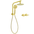 8" Brushed Gold Round Twin Shower Head Set with Diverter, Wall Arm, Handheld & Taps - Brushed Gold