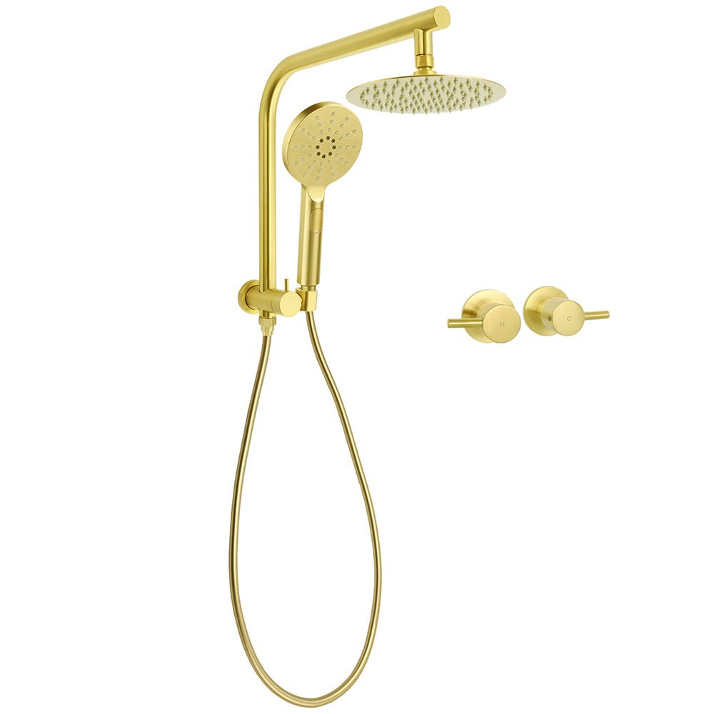 WELS Brushed Gold Round Twin 8" Shower Head Set Diverter Wall Arm Metal Handheld + Taps - Furniture > Bathroom > Shower Heads & Screens - Rivercity House & Home Co. (ABN 18 642 972 209) - Affordable Modern Furniture Australia