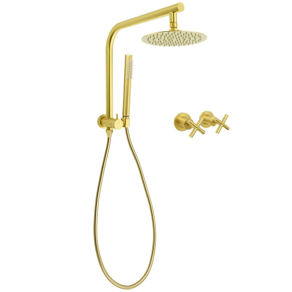 WELS Brushed Gold Round Twin Shower Head Set Diverter Wall Arm Metal Handheld With Mixer - Furniture > Bathroom > Shower Heads & Screens - Rivercity House & Home Co. (ABN 18 642 972 209) - Affordable Modern Furniture Australia