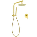 Brushed Gold Round Twin Shower Head Set with Diverter, Wall Arm, Handheld & Mixer - Brushed Gold