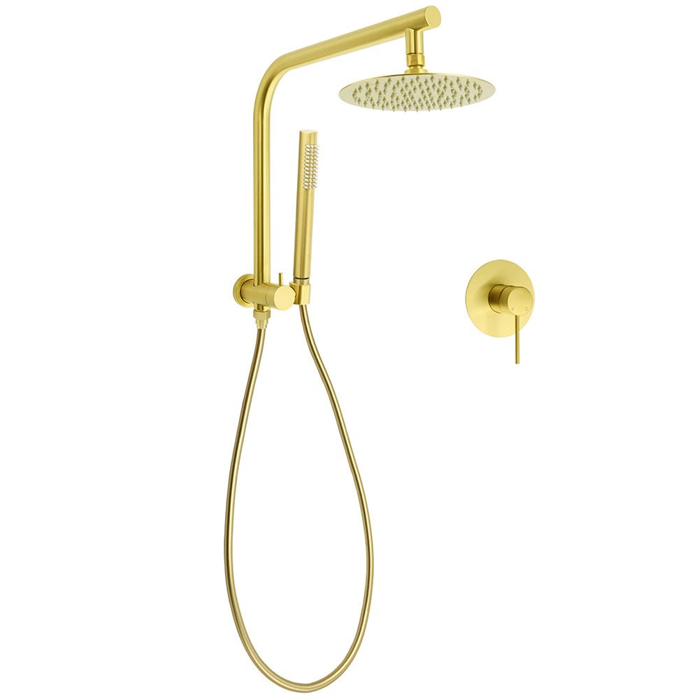 WELS Brushed Gold Round Twin Shower Head Set Diverter Wall Arm Single Mode Handheld Wall Mixer - Furniture > Bathroom > Shower Heads & Screens - Rivercity House & Home Co. (ABN 18 642 972 209) - Affordable Modern Furniture Australia