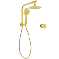 KYLINS Brushed Gold 8" Round Twin Shower Head Set with Handheld, Gooseneck Arm & Wall Mixer - Brushed Gold